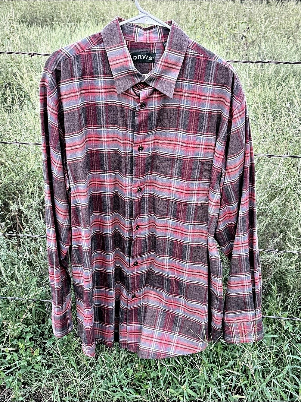 Orvis Luxury Cotton & Merino Plaid Shirt Red & Gray XLT